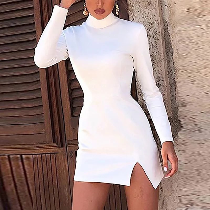 Женское платье с высоким воротом и длинным рукавом офисное женское короткое для