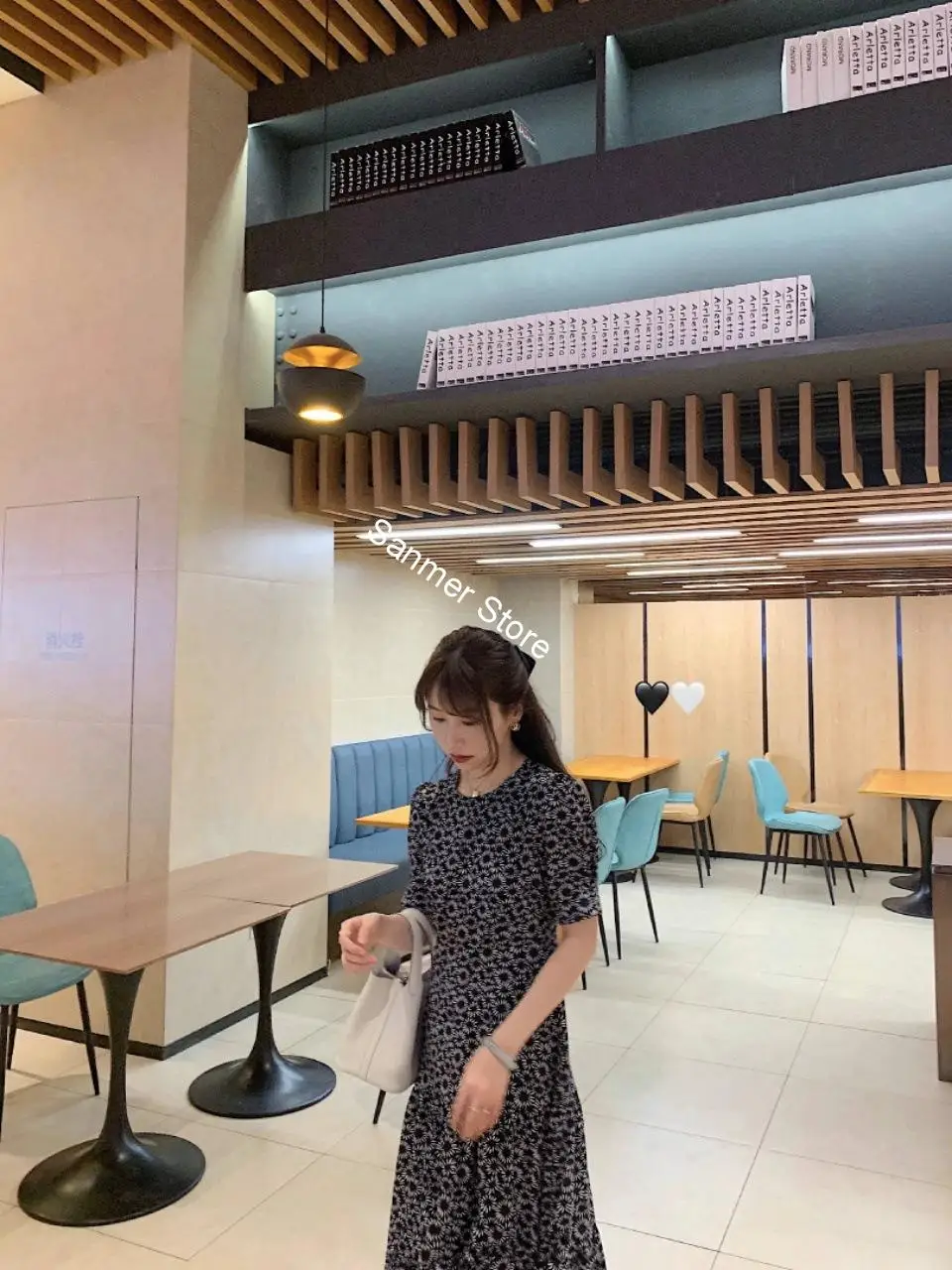 

Women O-neck Daisy Print Midi Dress Elegant Short Puff Sleeve 2020 Spring Summer Female Dress