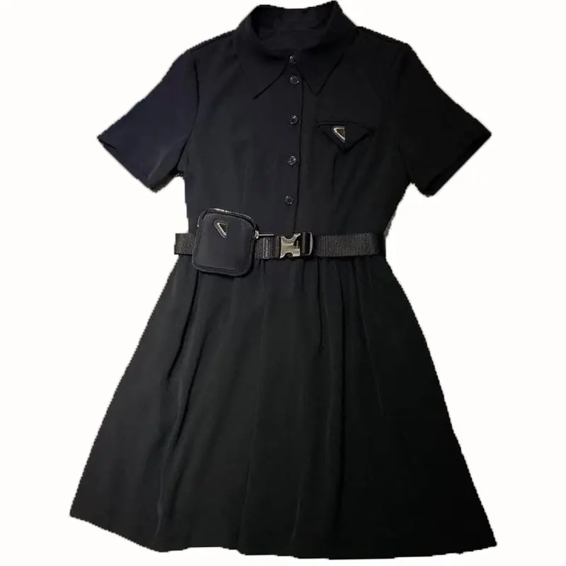 

Black short-sleeved dress female 2021 early spring new product lapel single-breasted stitching belt small backpack skirt