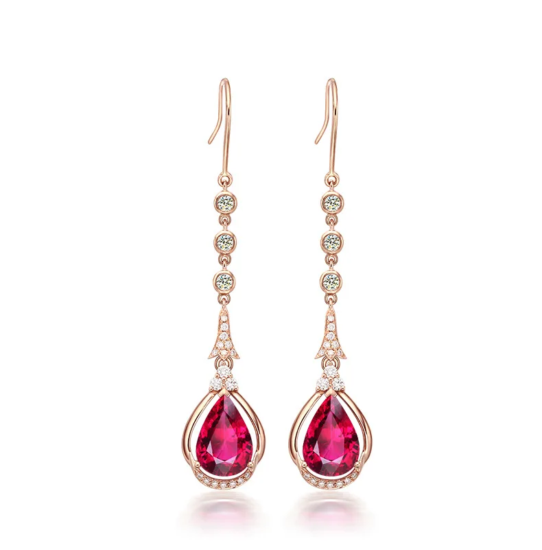 

New High-end Temperament Drop-shaped Rose Red Simulation Red Tourmaline Long Earrings Women Inlaid Zircon Earrings Jewelry