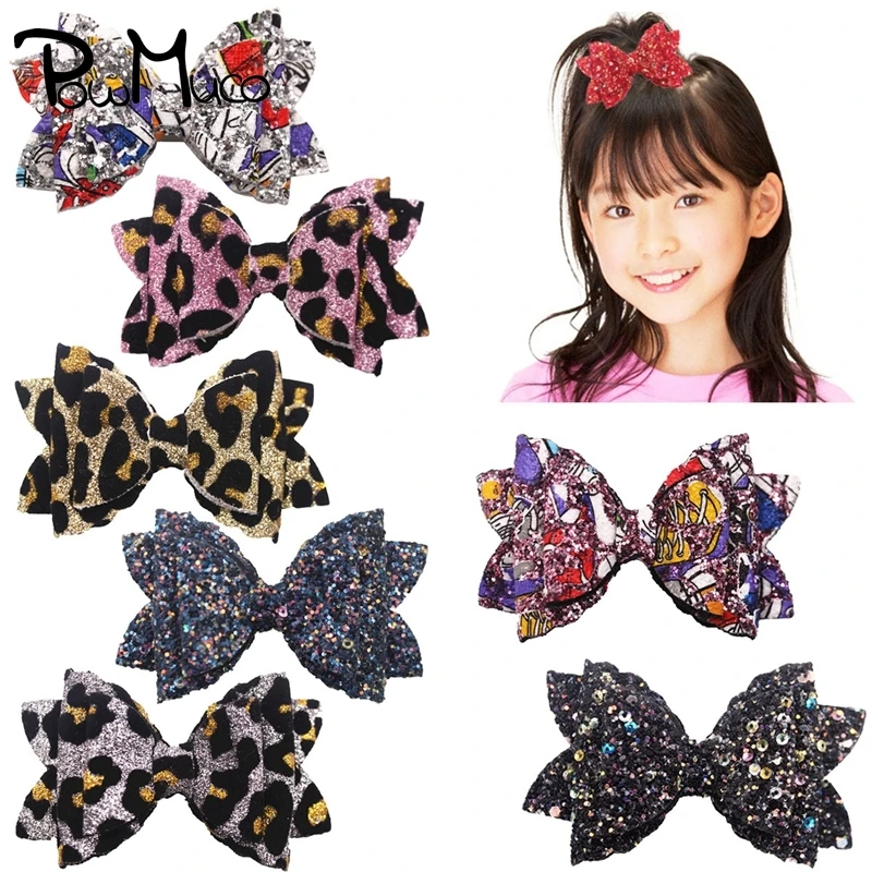 

Powmuco 9*5.5 CM Glitter Sequins Bows Baby Girls Hairpins Fashion Leopard Print Bowknot Hair Clips Infant Headwear Holiday Gifts