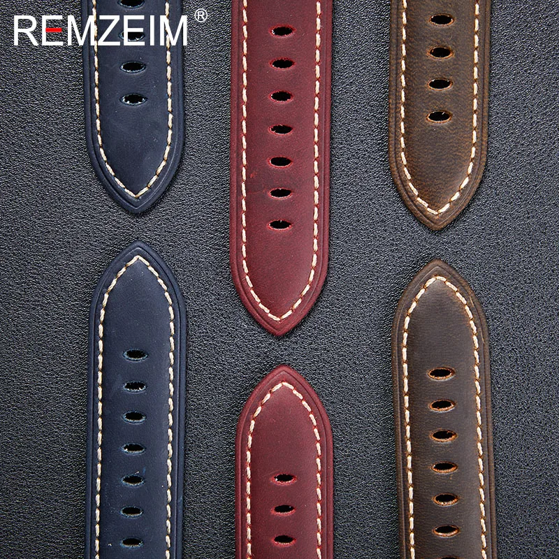 Ремешки для часов REMZEIM из вощеной воловьей кожи 20 мм 22 24 26 синие коричневые черные