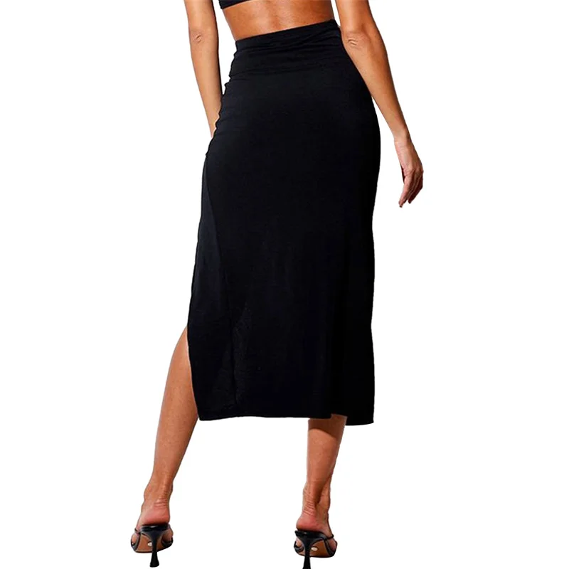 

2021 Summer Fashion Women Casual Sexy Split Skirt Solid Color High Elastic Waist Long Skirt For Vacation Daily Skirts
