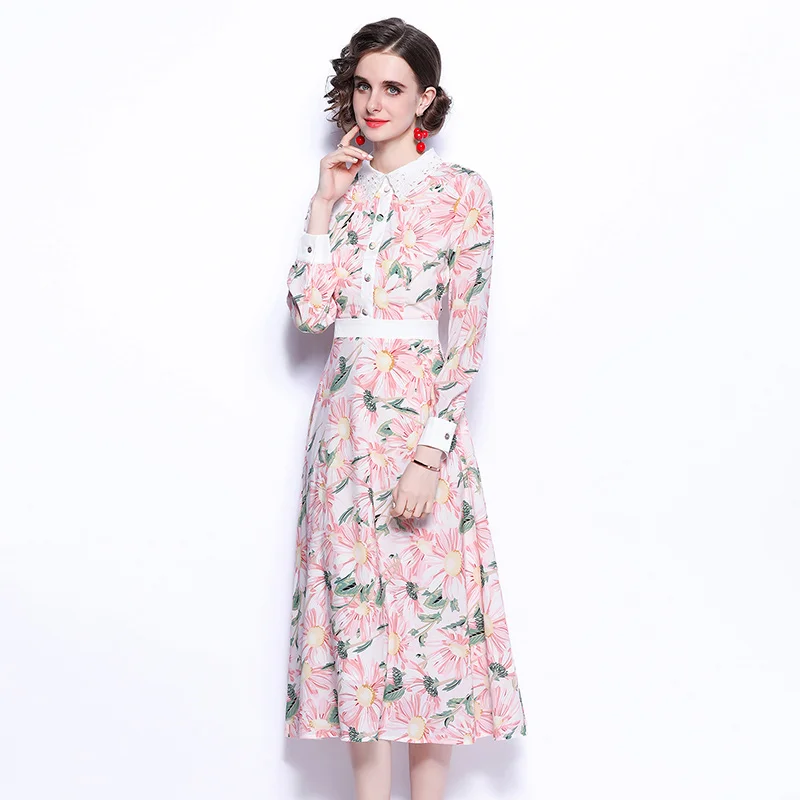 

Europe Fashion Women Clothing 2021 Spring Runway Designers Full Sleeve Lace Collar Flower Print Midi Dress Sweet Holiday Robe