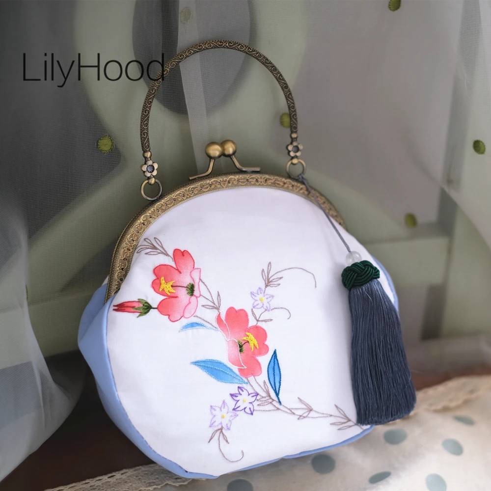 

Women Cotton Embroidery Floral Small Vintage Retro Chic Clasp Handbag Female Handmade Fringes Cellphone Kisslock Messenger Bag