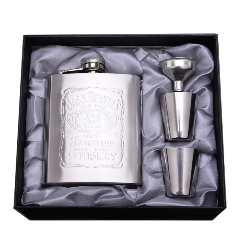 

High-grade 7OZ Stainless Steel Hip Flask Set Portable Flagon Set With 1 Funnel 2 Cups Men's Gift Set