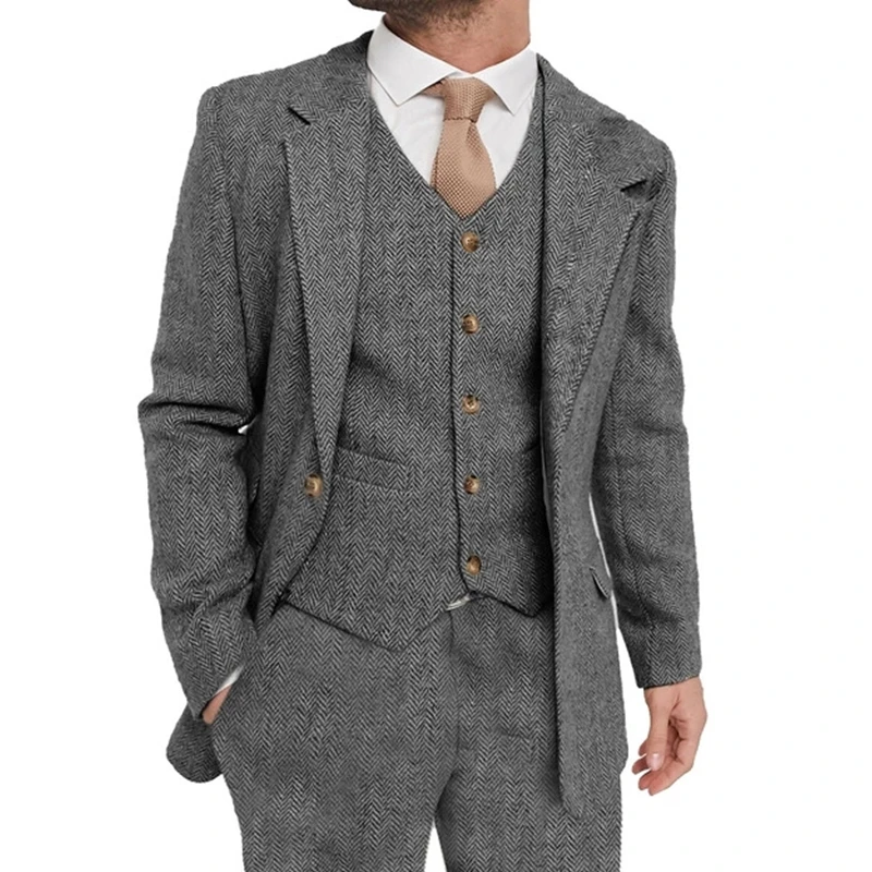 

Costume Homme Grey Tweed Notch Lapel Men Suits Slim Fit Tuxedos 3 Pcs Wedding Blazer For Men Vestidos De Fiesta Groom Prom Set