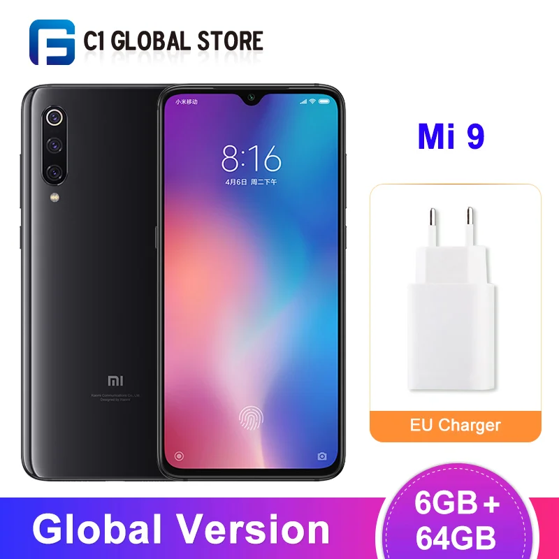 Xiaomi Mi 9 смартфон с восьмиядерным процессором Snapdragon 855 ОЗУ 6 ГБ ПЗУ 64 48 МП Поддержка