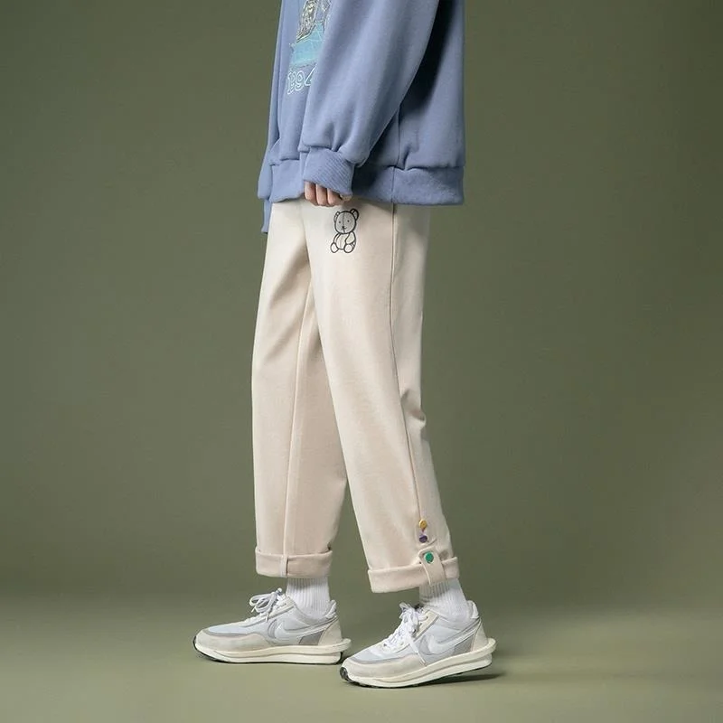 

Spring Fashion 2021 Wide Leg Pant Korean Style Bear Print Trousers Women Loose Casual Solid High Waist Pants Women