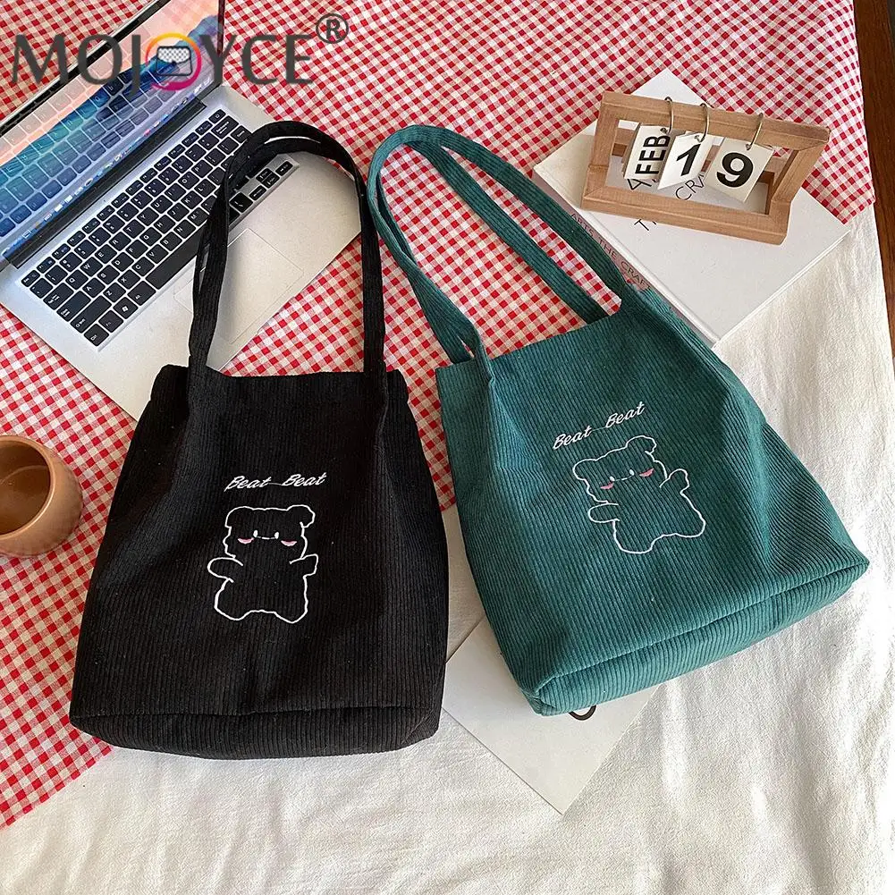 

Простая Женская Вельветовая Сумка-тоут в стиле преппи с рисунком медведя, портативная дорожная однотонная вместительная сумка-мешок