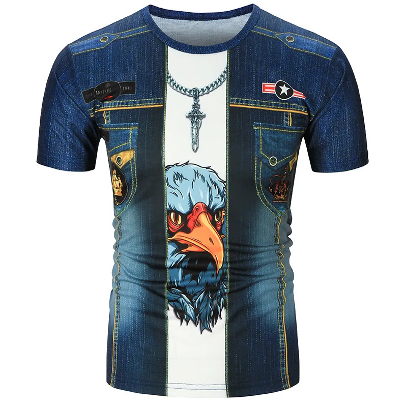 

Funny blue denim T shirt Men Skeleton tshirt Punk Rock Tshirt leather jacket T-shirts 3d Print T-shirt Vintage Men Clothing