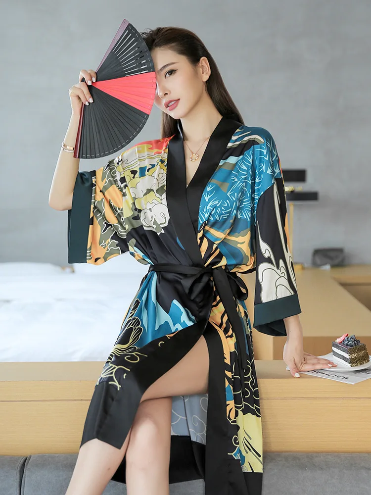 

Шелковый халат-кимоно с масляным принтом, халат, пеньюар, ночная рубашка, домашний костюм для женщин, домашняя одежда, атласный Халат