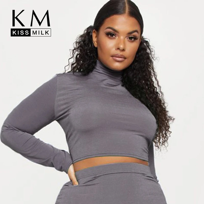 Kissmilk плюс размер сексуальный сплошной цвет половина высокий воротник облегающий