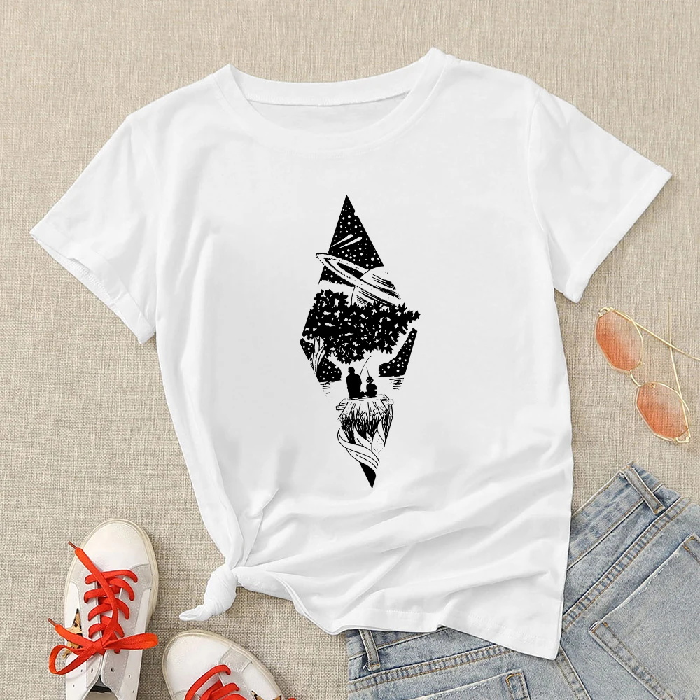 

Korean Style Fashion T-shirt Women Cosmic Belief Series Relieve Stress Summer 2021 New Arrivals Top Tee White Crewneck Tshirt