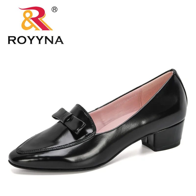 

Туфли-лодочки ROYYNA женские классические, блестящие на низком квадратном каблуке, с круглым носком, с бантом, 2020