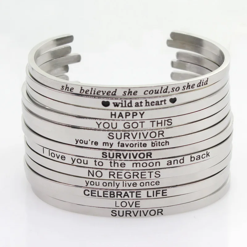 

10pcs Mix Random Style 5 Stainless Steel Engraved Positive Inspirational Quote Hand Cuff Bracelet Mantra Bangle women bangles