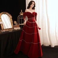 retro off the shoulder wedding party gown sexy strapless a line slim bride toasting dress women wine red long evening dress