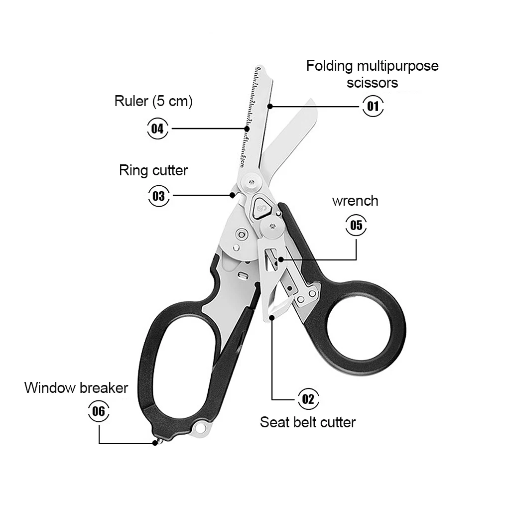 Tijeras cónicas 6 en 1, con cortador de Correa y interruptor de vidrio de acero inoxidable con funda MOLLE Compatible para exteriores