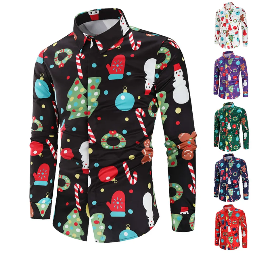 

New Design Christmas 3D Print Tree Shirts Men Spring Autumn Long Sleeve Slim Fit Shirt Winter Mens Funny Button Up Blouses