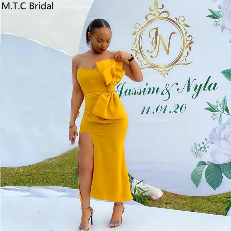 

Golden Short Mermaid Bridesmaid Dresses With Slit Sweetheart Big Bow Black Girls Wedding Party Dress Plus Size Prom Formal Gowns