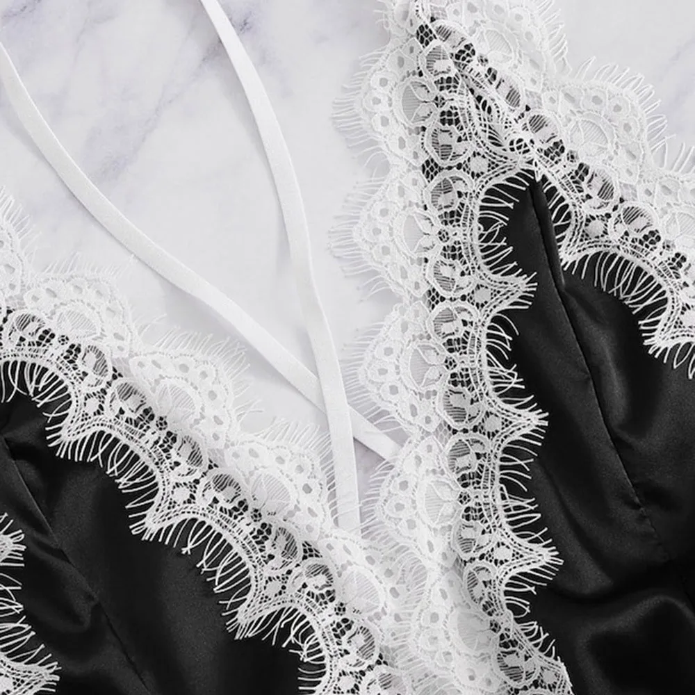 New Fashion Sissy Bodysuits Women Sexy Lingerie Girl V-neck Lace Splice Bodysuit Sleepwear Solid Color Seamless Teddies Latex |