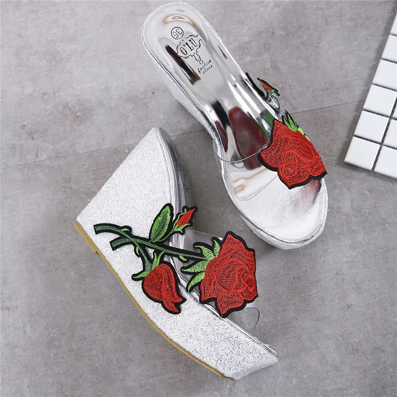2020 Women Rose Flower Wedges Sandals 11cm High Heel 4cm Platform Slides Silver Glitter Slippers Design Summer Beach Party Shoes | Обувь