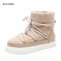 womens wool snow boots sweet style winter flat ankle boots round toe casual lace up boots warm boots large size shoes 34 42