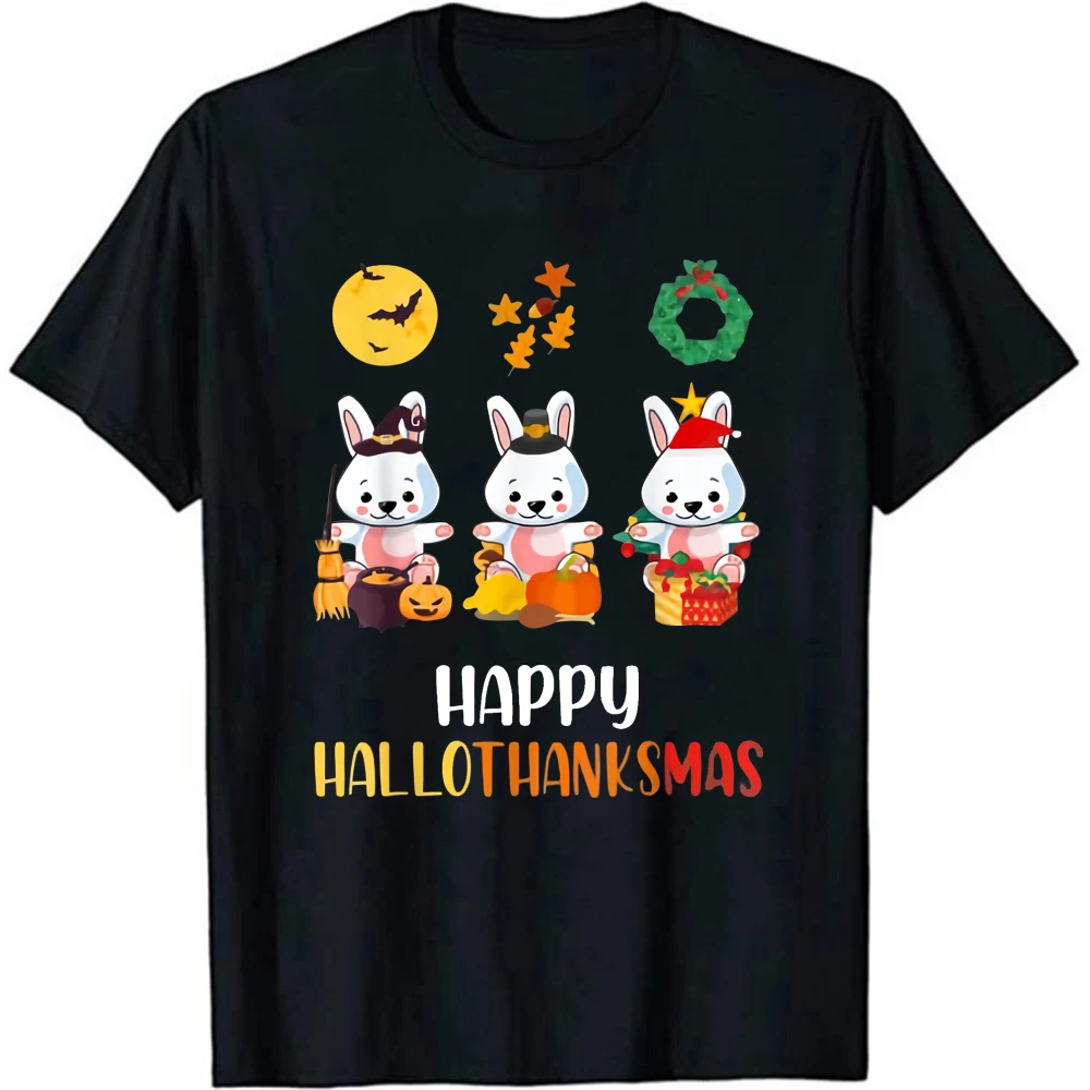 

Funny Hallothanksmas Rabbit Festival Short Sleeves Tee Men Happy Hallowmas Christmas Thanksgiving Bunny T-Shirt Cute Bunny Top