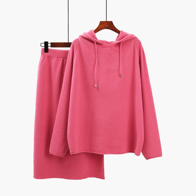 

Genayooa Knitted Two Piece Set Long Sleeve Top And Skirt Casual Loose Solid Women Two Piece Outfits Hooded Sweater Female Winter