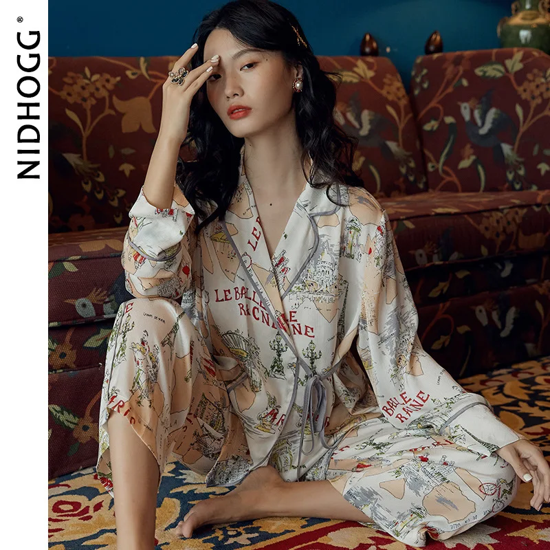 

Women Chiffon Crepe Pajamas Autumn Long Sleeve Trousers Pyjamas Loose Two-piece Luxury Fashion Sleepwear Printing Sexy Nightwear