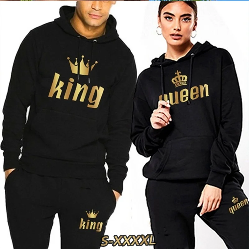 2023 Fashion Couple Sweatshirt KING QUEEN Printed Lover Hooded Suits Hoodie and Sweatpants 2pcs Set Streetwear Men Women Cloths