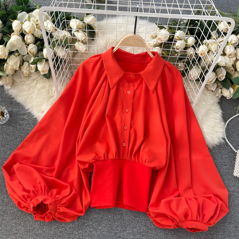 Женская шикарная блузка с рукавами-фонариками и лацканами модная свободная