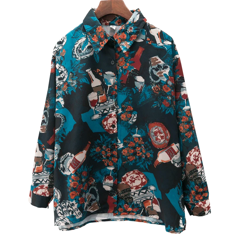 

2021 spring new printed shirt long sleeve loose style with Hong Kong Style