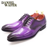 genuine leather mens oxford shoes snakeskin print bullock mens dress shoes purple lace up mens shoes banquet wedding shoes