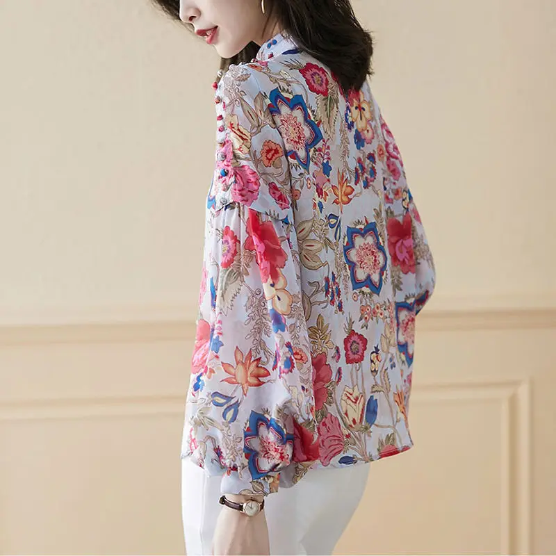 

2021 Autumn New Fashion High-End Floral Print Shirt Women's Long Lantern Sleeve Chiffon Blouse Plus Size Tops Blusas Femme