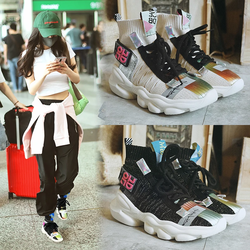 IGU/женские кроссовки; обувь на плоской платформе; tenis feminino; эластичные носки; флуоресцентная обувь с высоким берцем; женская обувь; большие размеры 41, 42