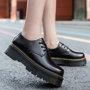 2021 Shoes Women Leather lace-up Thick Bottom Flat Platform zapatillas mujer Black Spring Autumn Cau