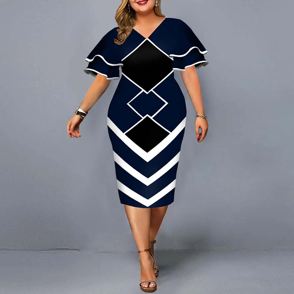 

Women Dress Plus Size Evening Party Dress 2021 Elegant Geometric Print Layered Bell Sleeve Casual Dresses Club Outfits