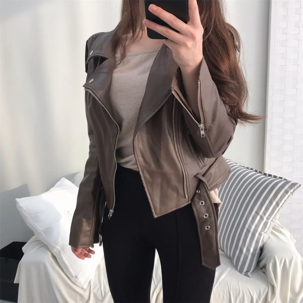 

Harajuku Classical PU Locomotive Girls Jackets Zipper Lapel Plus Size Women OL Stylish Slim Casual Autumn All Match Coats