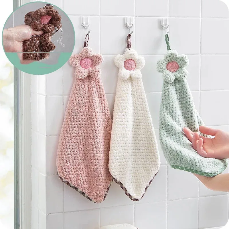 

Hangable Coral Fleece Absorbent Flower Soft Hand Towels Kitchen Bathroom Cleaning Towels Non-linting Sun Flower Towels