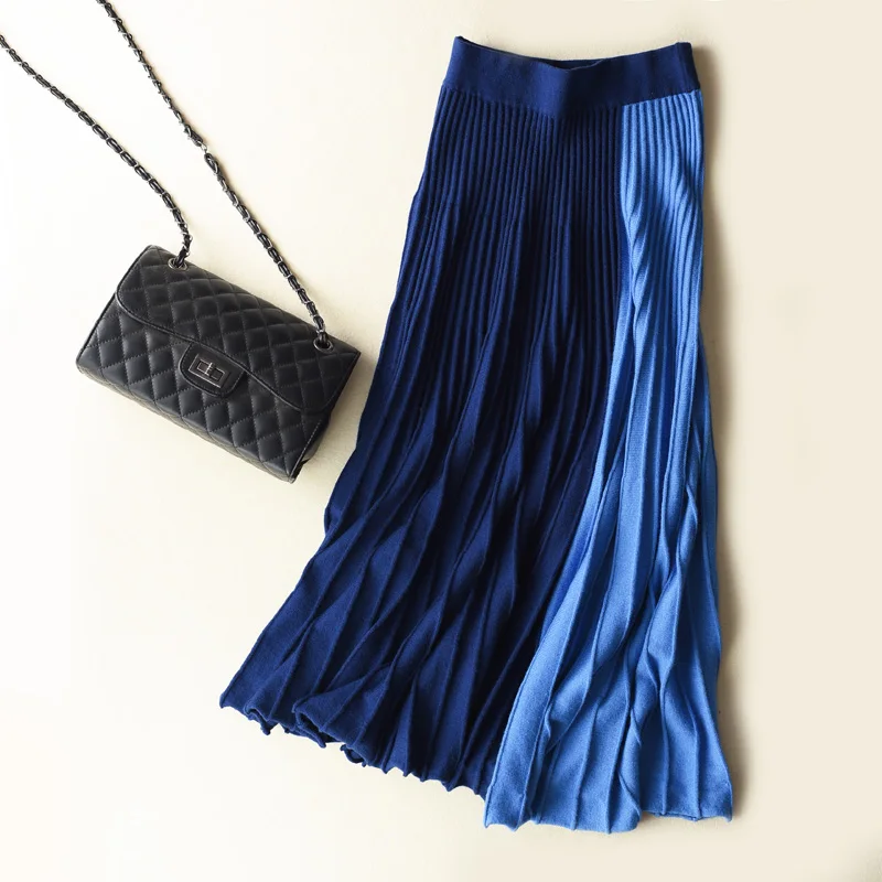 

Stitching Knee Skirt Loose Warm Knit With Cashmere Wool Skirt 2021 New Autumn and Winter Women Fashion Pleated Skirt Fashion
