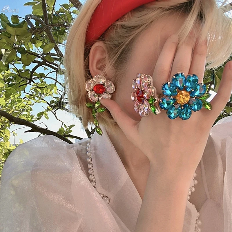 AOMU 2020 New French Vintage Exaggerated Candy Color Rhinestone Crystal Big Flower Ring for Women Jewelry Party Accessories Gift | Украшения