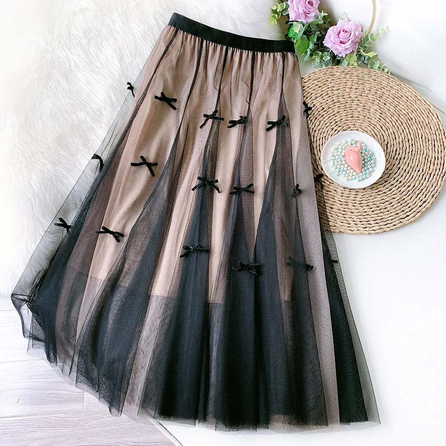 

Midi Skirt Women 2021 New Summer Elastic High Waist Bowknot Mesh Skirts Bridesmaids Pleated Tutu Skirt Saias Mulher