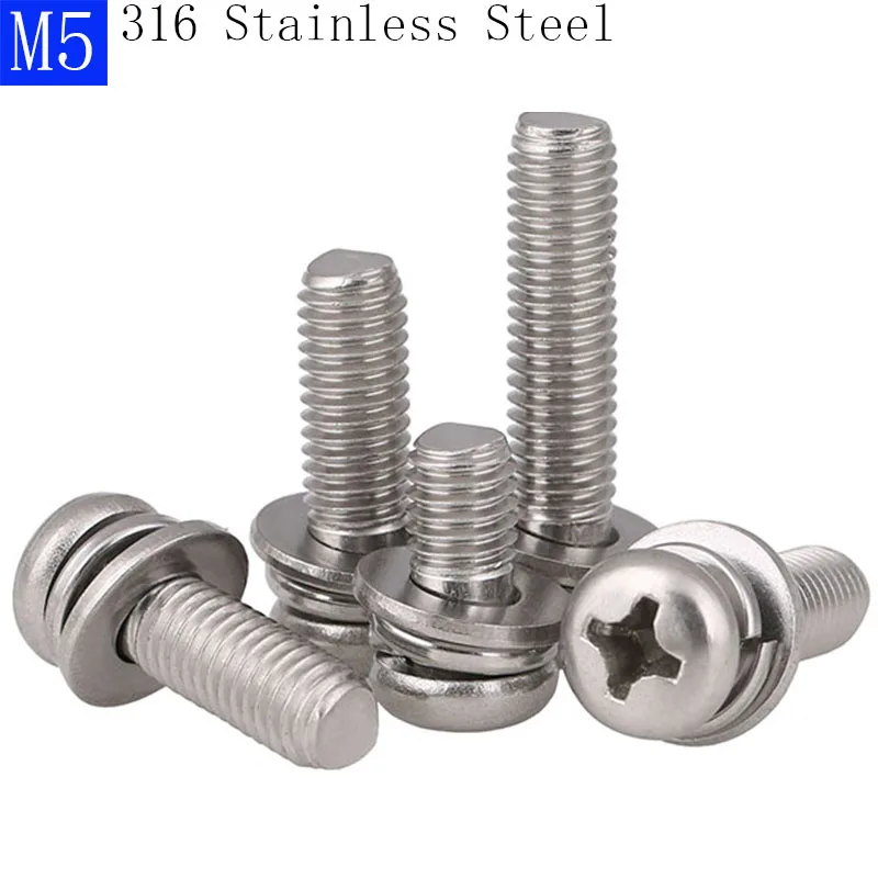 

M5 - 0.8 316 Stainless Steel Round Head Phillips Screws + Flat Spring Washer SEM A4 - 70 bolts