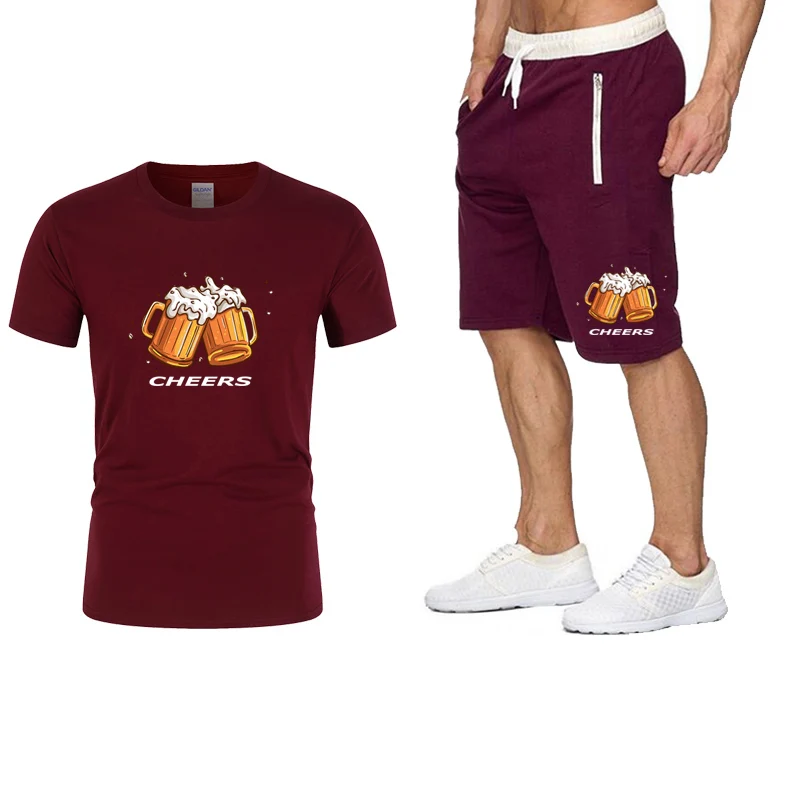 

T-Shirts Men's Summer Sets Beer cheers Casual O-Neck Sports Short Sleeve Suit T-Shirt for Men Shorts Streetwear Graphic Tees Top