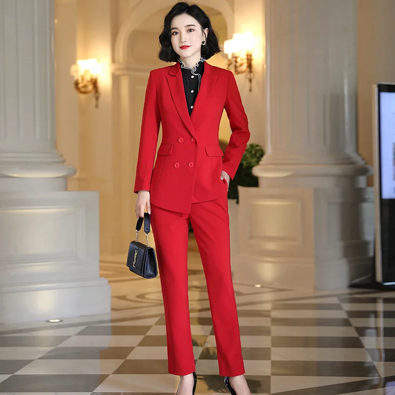Pencil Pant Suit Женский черный синий белый Деловой брючный костюм для женщин, большие размеры, женский двубортный блейзер с брюками, Женский рабочий брючный костюм - Цвет: Pencil Pant Suit