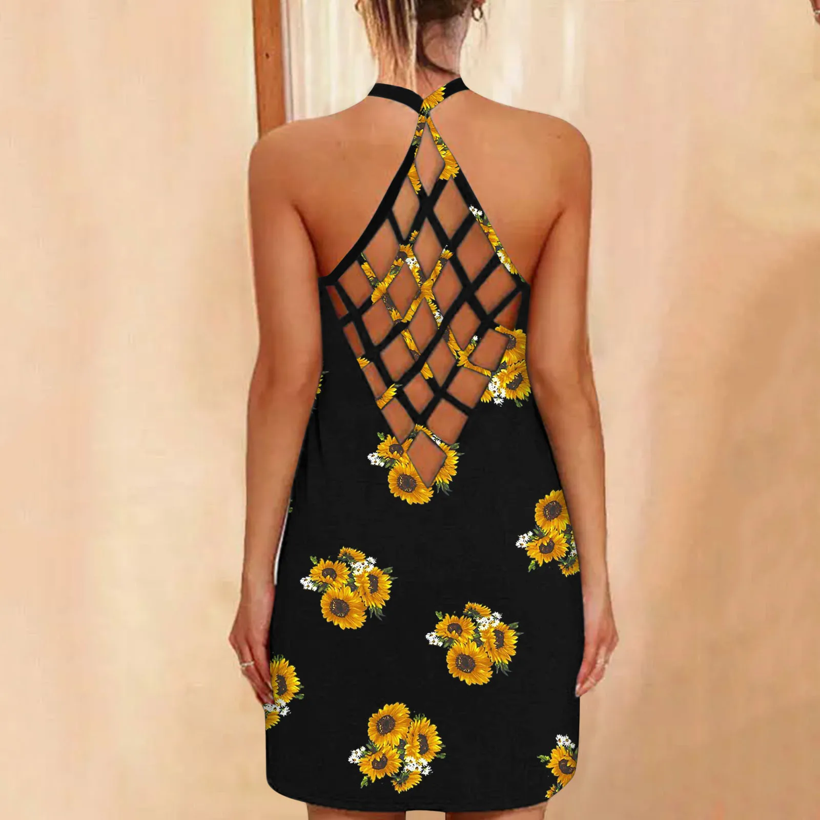 

Bohemian Summer Dress Womens Sexy Hollow Out Backless Dresses Boho Sunflower Print Sundress O-neck Sleeveless Beach Vestidos