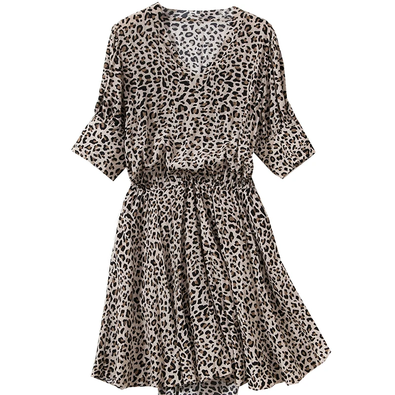 

2020 V Neck Leopard Women Dress Elastic Waist Ladies Short-sleeved Short Dresses Spring Summer