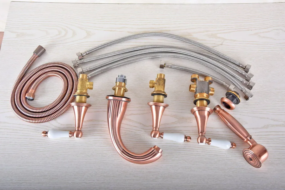 

Antique Red Copper Brass Widespread Deck-Mounted Tub 5 Holes Three Handles Bathroom Tub Sink Basin Faucet Tap Hand Spray mtf192