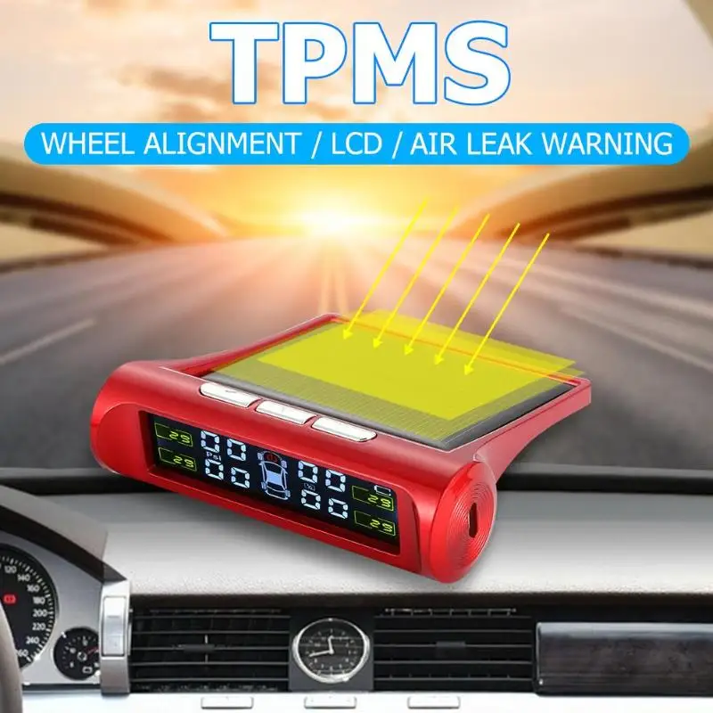 Беспроводной ЖК-дисплей автомобиля TPMS солнечной энергии авто шин давление мониторинг температуры сигнализации с 4 внутренними/внешними датчиками Красный